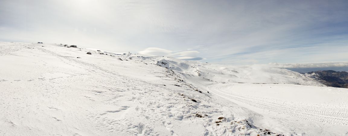 Long shot of ski resort of Sierra Nevada in winter, full of snow