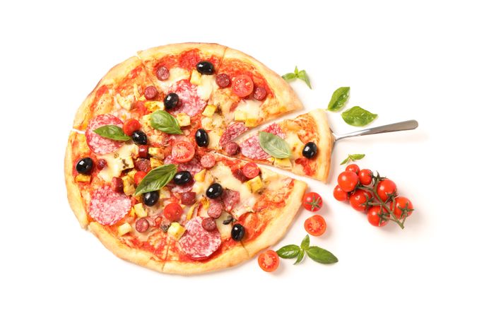 Tasty pizza and ingredients isolated on blank background