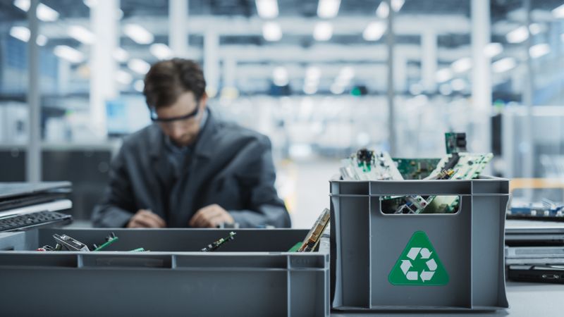 Male Worker Disassembling Old Laptops To Recycle Electronic Components For Sustainable Microchip Production At Electronics Factory.