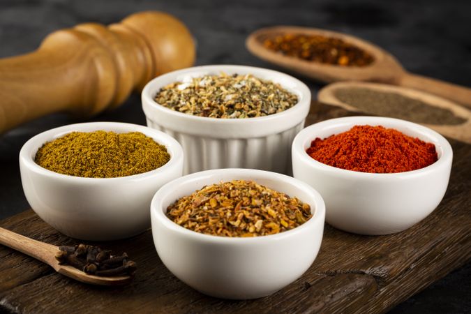 Variety of spices and seasonings on the table.