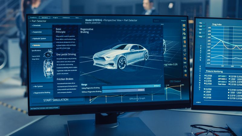 Professional Engineer Works on a Computer with a 3D CAD Software and Tests the Electric Car Chassis Prototype with Wheels, Batteries and Engine Standing in a High Tech Development Laboratory.