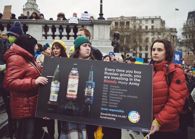 London, England, United Kingdom - March 5 2022: Women with sign about Russian imports at protest