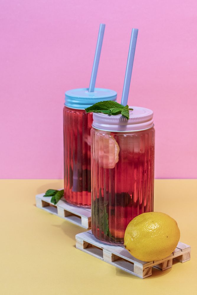 Jars of pink cold ice tea