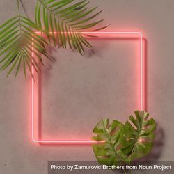 Fluorescent coral square frame with tropical leaves bxwDd4