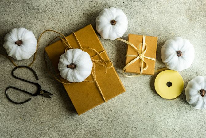 Top view of squash decorations with wrapped gifts