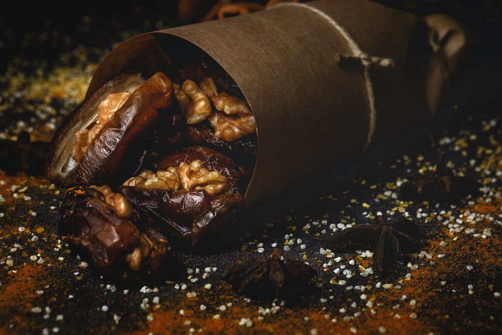Dates fruits with walnuts, mint and cinnamon for Ramadan