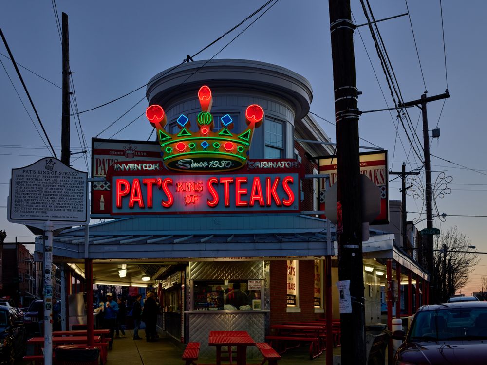 Dusk shot of Pat’s Steaks restaurant, Philadelphia, Pennsylvania