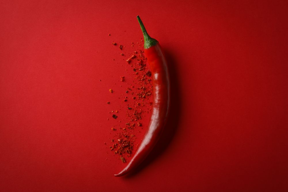 Tasty chilli pepper and powder spice on red background