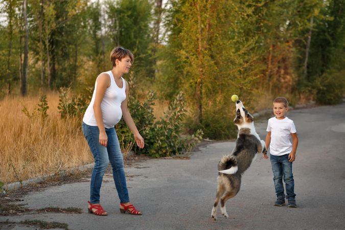Woman and boy playing catch with tennis ball and husky dog