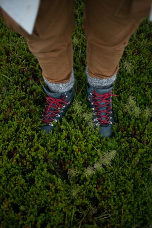 Hikers boots and legs in the grass