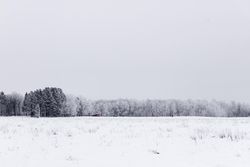 Snowy field with red lodge in the distance