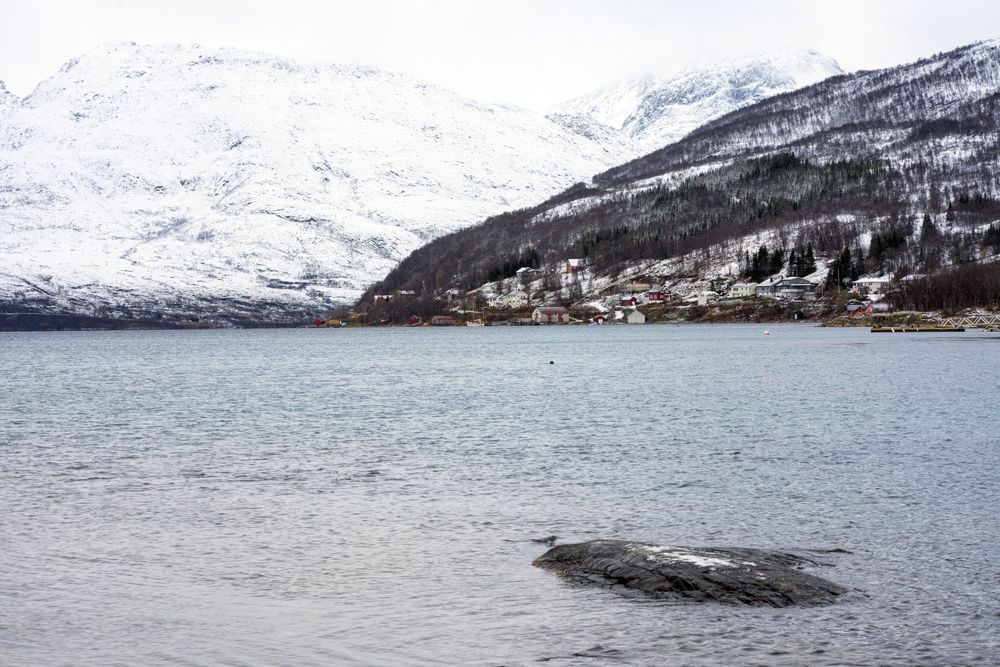 Amazing nordic seascape with mountains and village