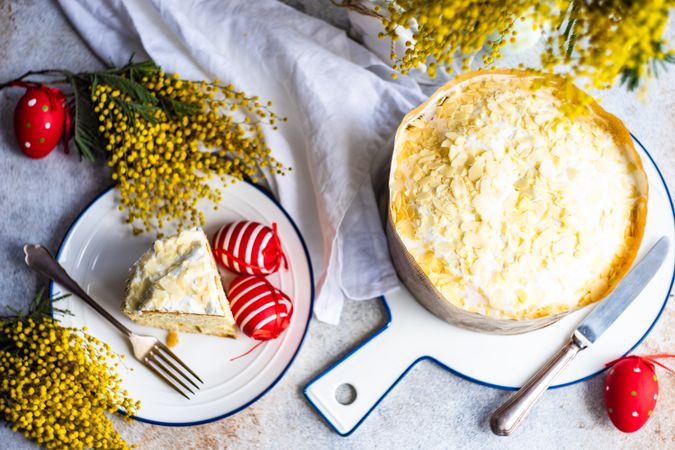 Top view of Easter food concept with iced cake and colorful eggs decorated with yellow spring flowers