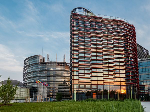 European Parliament building at sunset in Strasbourg, spring evening