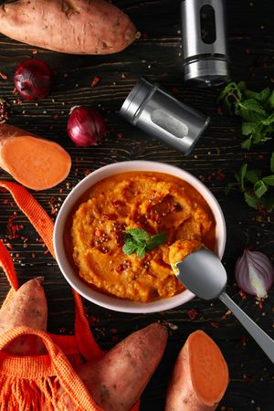 Concept of tasty food, sweet potato puree, top view