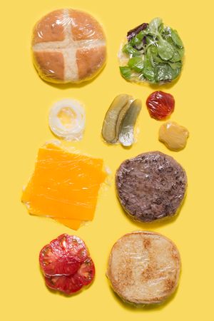 Ingredients of a cheese burger wrapped in plastic