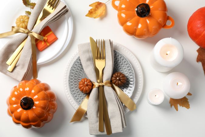 Concept of Thanksgiving day, Autumn table setting, top view