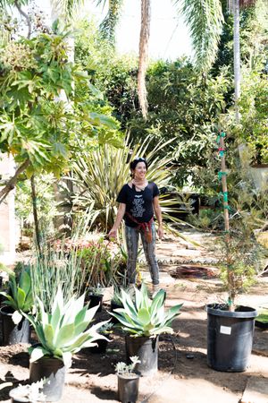 Female contractor working outside surrounded by potted plants and trees