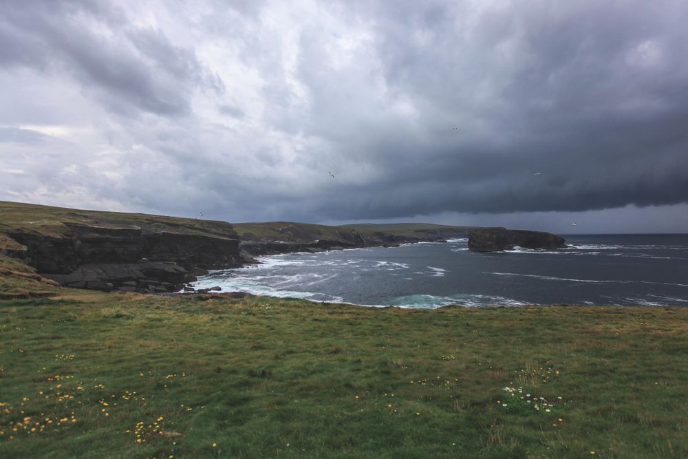 Overcast sky over grassy coastal cliffs