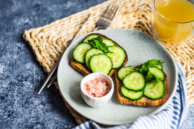 Healthy lunch with toasts and cucumber