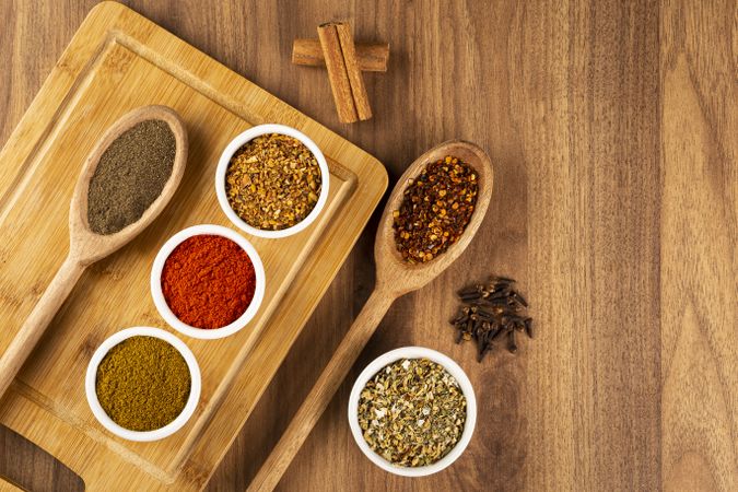 Variety of spices and seasonings on the table.