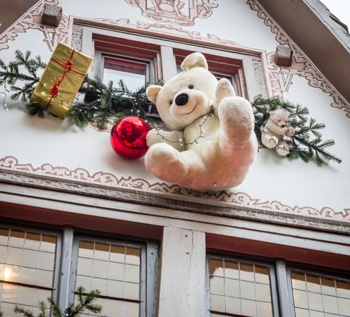Outdoor Christmas decorations of big toy bear in Strasbourg, France