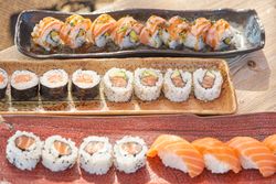 Delicious set of assorted sushi rolls served in row