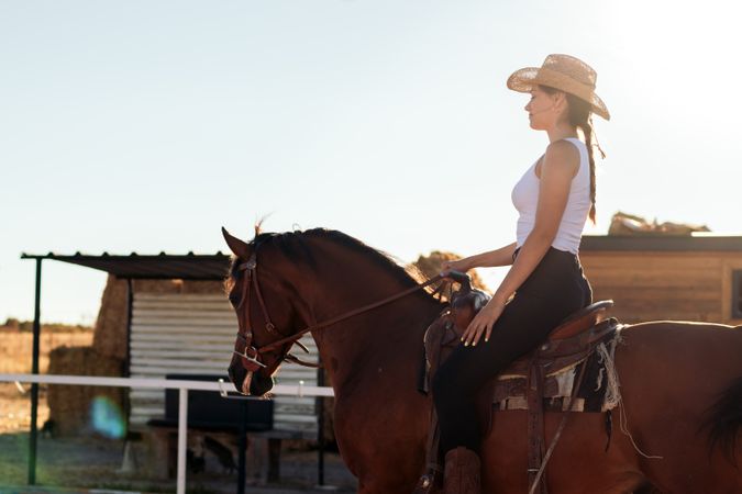 Woman riding a horse in an equestrian center