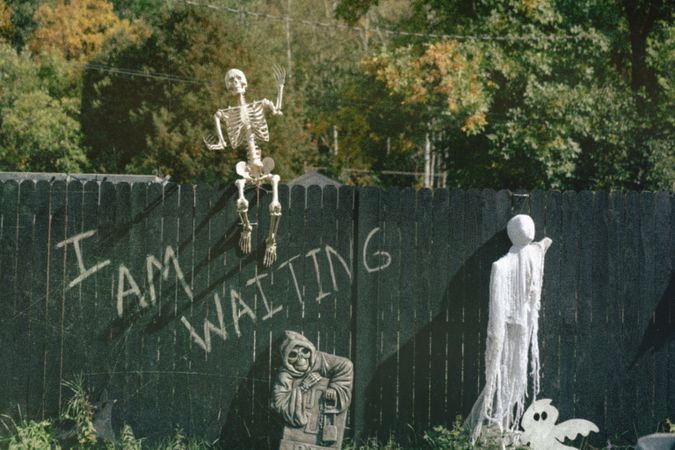 Skeleton on fence for halloween decor