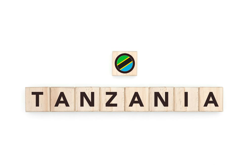 Wooden blocks bearing the name and flag of Tanzania. Tanzanian and South African Culture, national identity, travel, and geography in a copy space design.