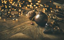 Christmas tree decorations, on wooden counter, close up,  with copy space
