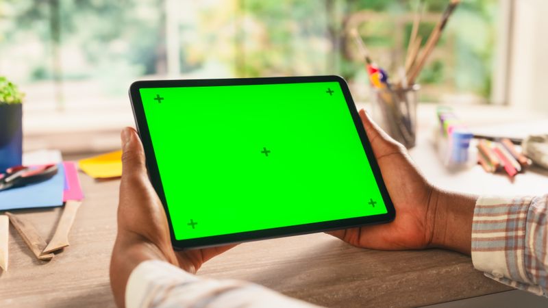 Creative Black Person Holding a Tablet, Viewing Content on a Computer with Green Screen Mock Up Display. Photo Template with Placeholder for Artistic Design Advertising and Motivational Content