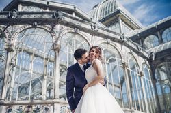 Newly weds having fun near vintage building