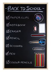 School supplies over chalkboard background