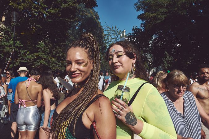 London, England, United Kingdom - August 25th, 2019: Two women with glitter at a street festival