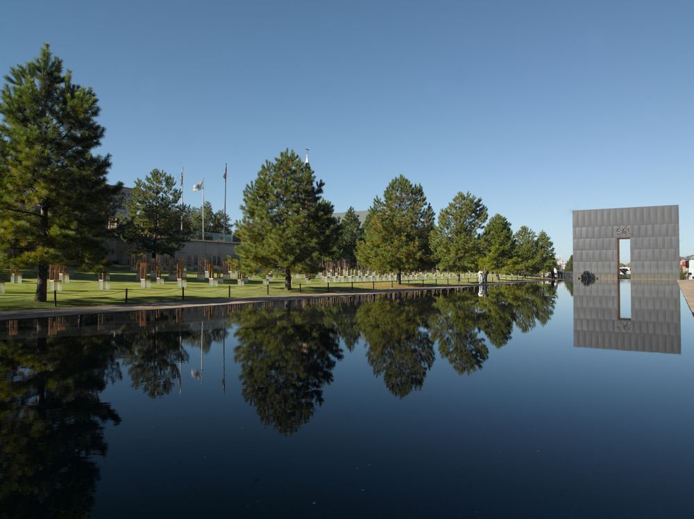 Oklahoma City Memorial view from the water, in Oklahoma City, Oklahoma