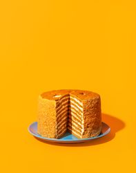 Honey layered cake, in bright light minimalist on an orange background