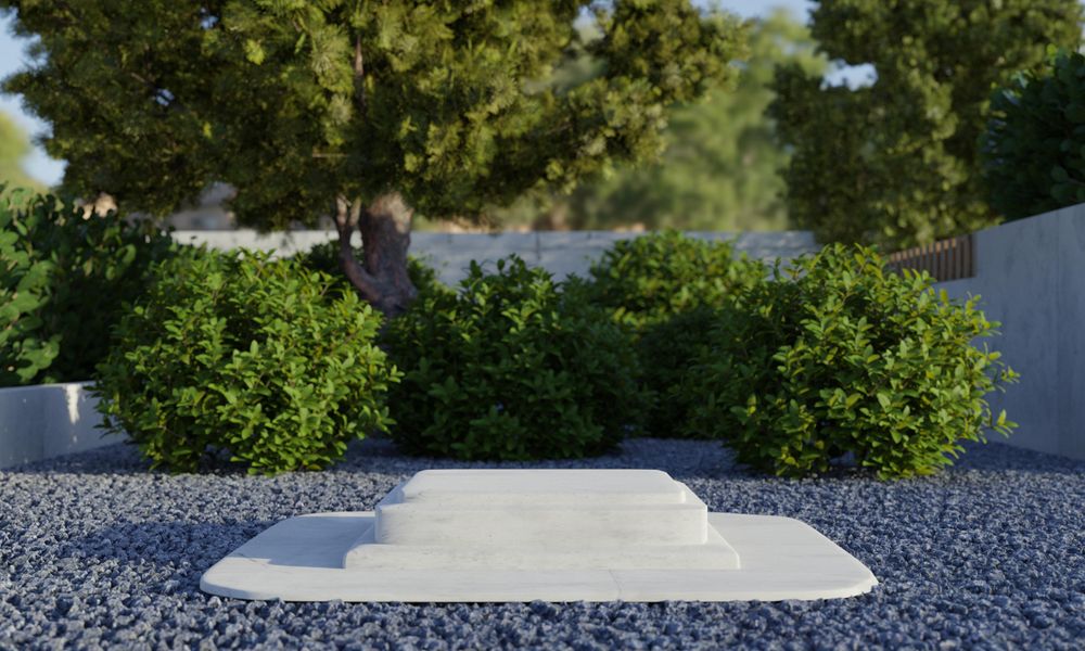 Backyard with trees and marble podium