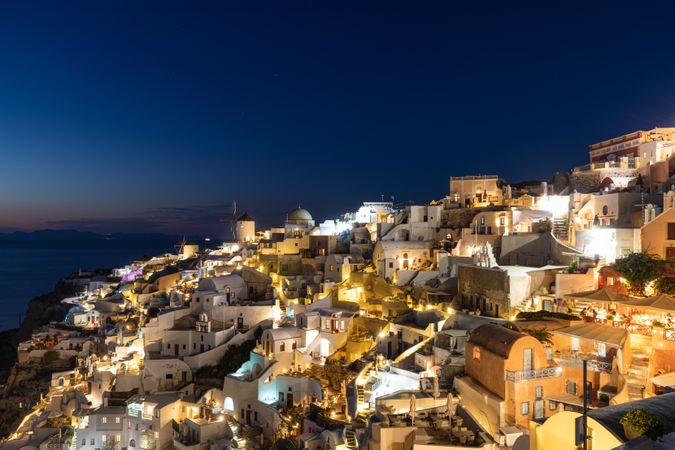 The Greek island of Santorini lit up at night