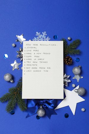 Concept of New Year Resolutions list, new year goals, top view