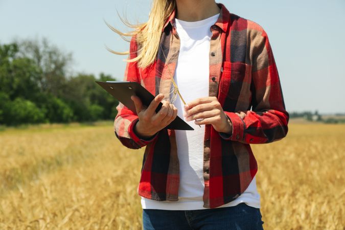 Young woman  with clipboard in barley field. Agriculture business. Farming