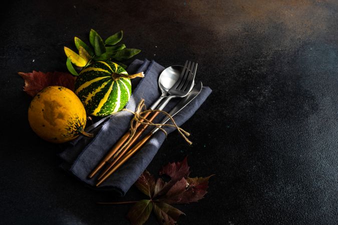 Elegant cutlery with fresh squash, space for text