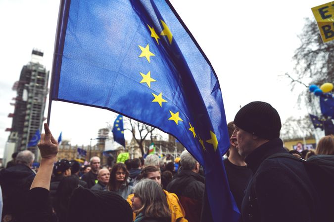 London, England, United Kingdom - March 23rd, 2019: Protesters with large European Union flag