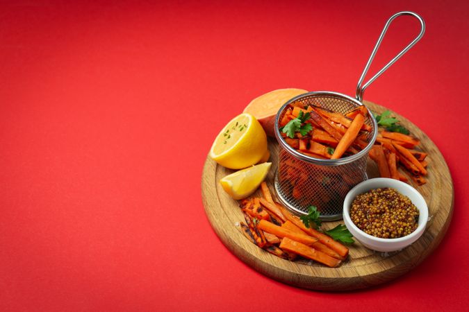 Concept of tasty food, fried sweet potato, space for text