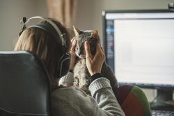Woman petting her cat while working on desktop computer