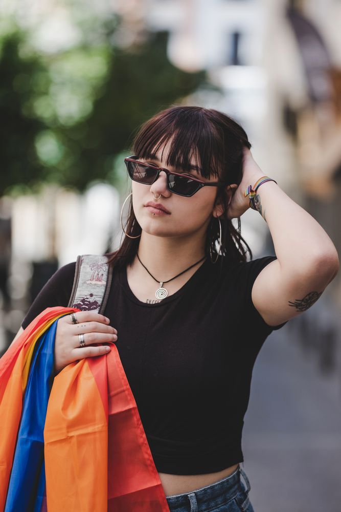 LGBT woman on city street