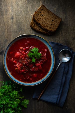 Ukrainian beetroot soup borscht with rye bread