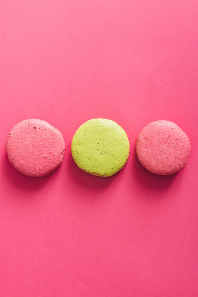 French macaron in rows on bright pink background