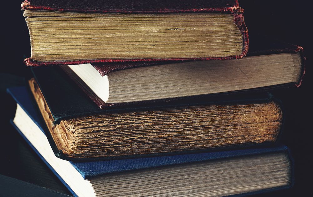 Stack of hardbound books in close-up
