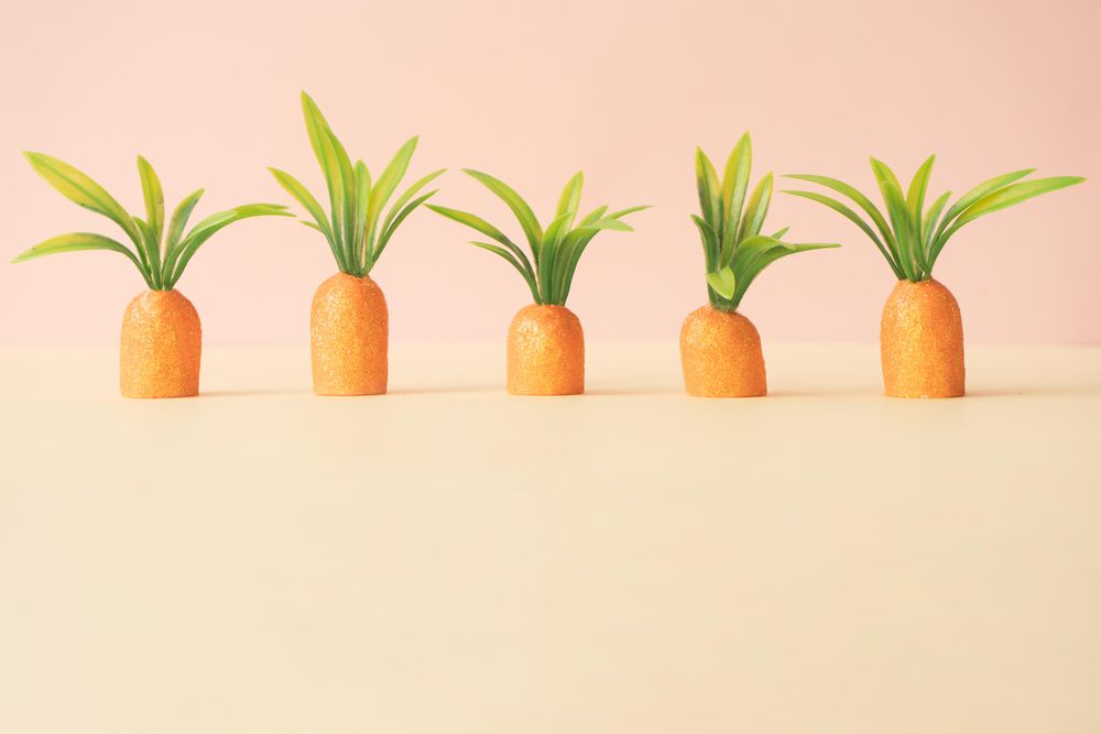 Row of carrots on pastel yellow background